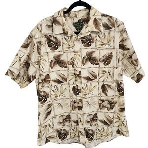 David Taylor collection tan & brown floral palm print short sleeve button up L